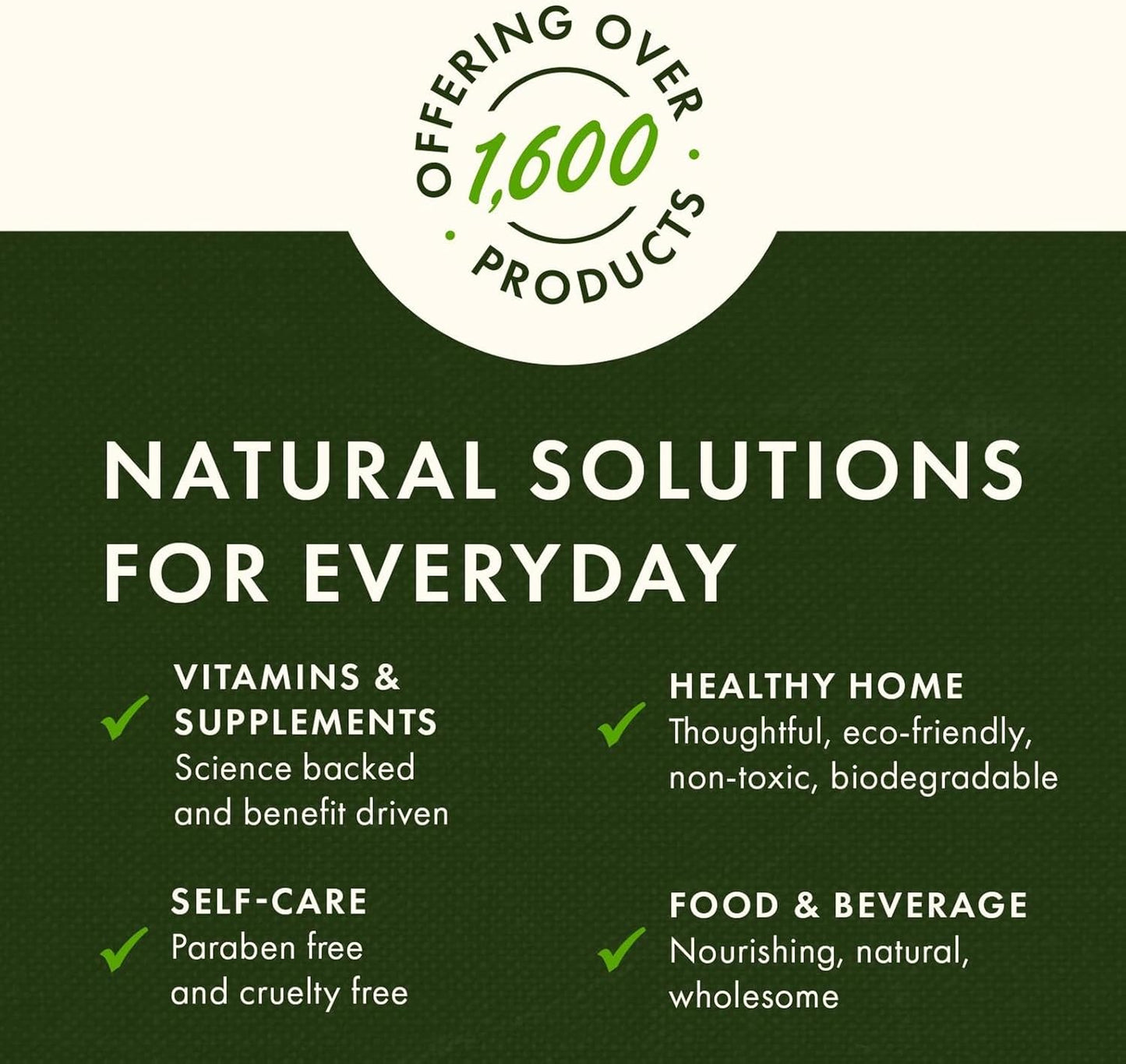 Promotional graphic for a brand offering natural solutions with text on a green background.