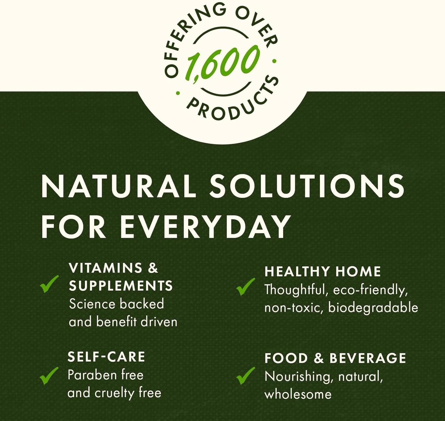 Promotional graphic for a brand offering natural solutions with text on a green background.