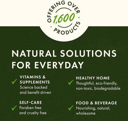 Promotional graphic for a brand offering natural solutions with text on a green background.