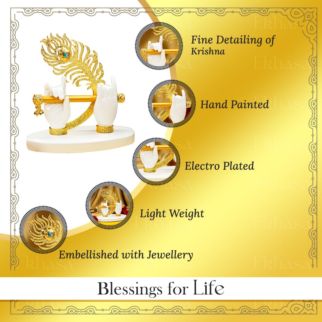 Ekhasa Lord Krishna Hands with Flute Idol (Small Size) | Krishnaji Divine Hands Idol with Flute and Peacock Feather | Krishna Statue for Car Dashboard & Griha Pravesh Gift