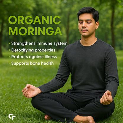 Man meditating outdoors with text about organic moringa benefits