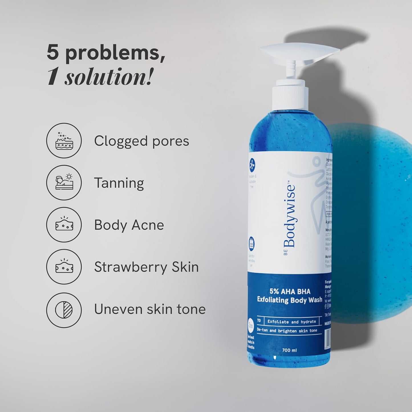 Be Bodywise 5% AHA BHA Exfoliating Body Wash 700ml | For Body Acne, Strawberry Skin, De-Tan | Infused with 3% Lactic Acid, 1% Salicylic Acid, 1% Glycolic Acid | Non-Drying, Paraben Free