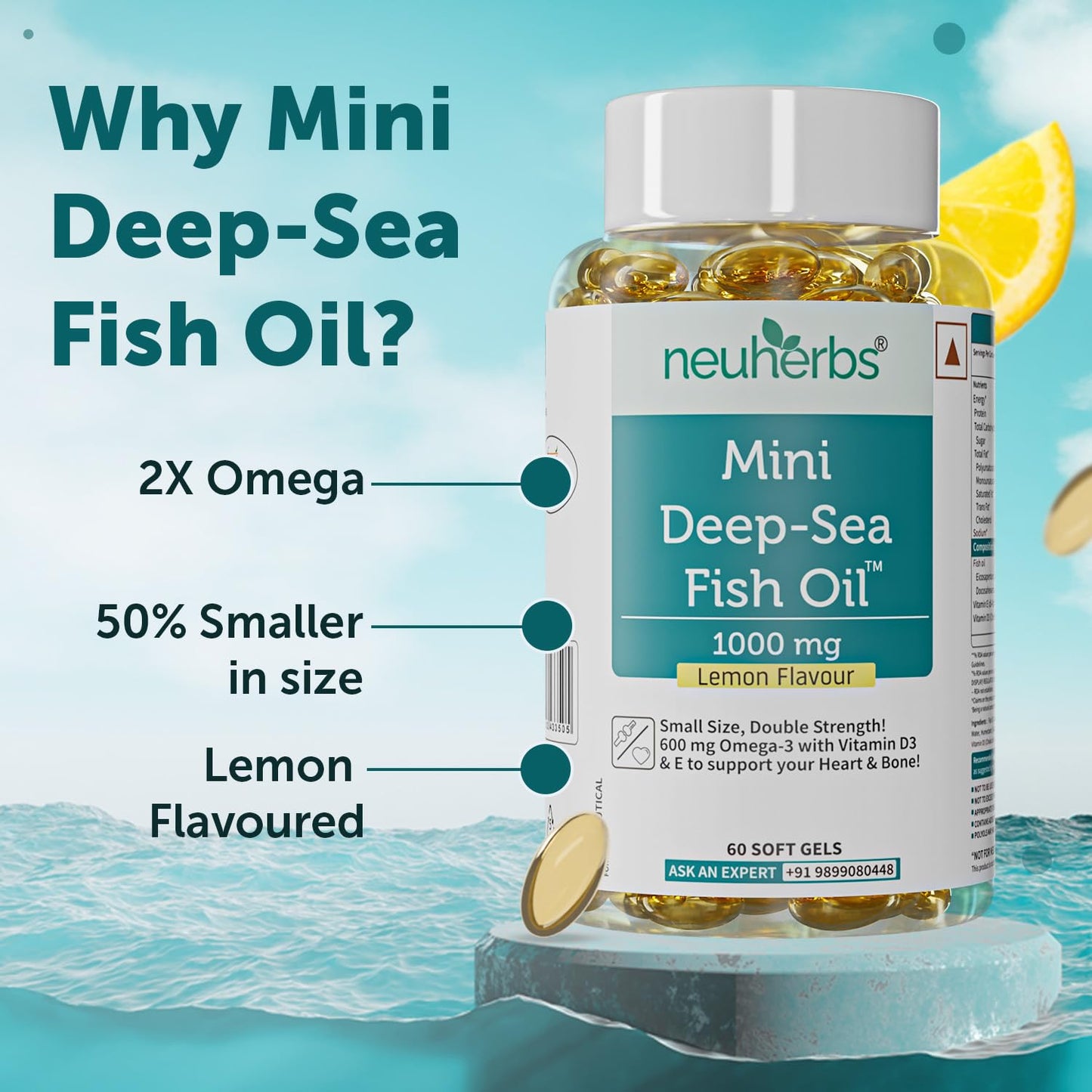 Neuherbs Mini Deep Sea Omega 3 Fish Oil Capsules 1000mg Supplement | EPA - 360mg, DHA - 240mg | With Vitamin E & D3 | Suppots Heart, Brain, Muscle & Joint Health| Lemon Flavour - 60 Softgels
