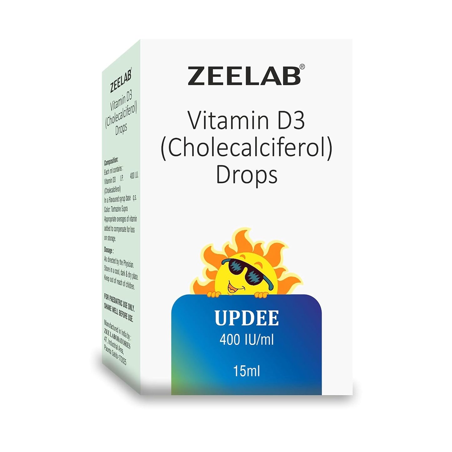 Zeelab Vitamin D3 drops packaging with a sun illustration on a white background