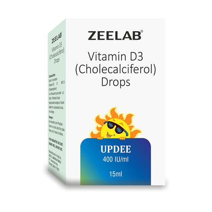 Zeelab Vitamin D3 drops packaging with a sun illustration on a white background
