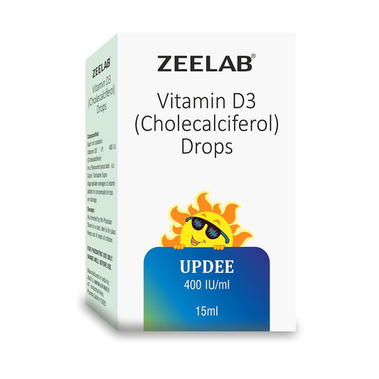 Zeelab Vitamin D3 drops packaging with a sun illustration on a white background