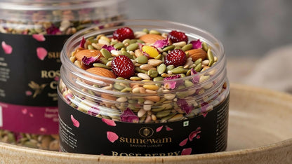 Sumewam Jaggery Roasted Seed/Trail Mix 250gm For Eating - Rose Berry Crunch, Roasted Pumpkin Seeds, Sunflower Seeds & Berries Mix with Jaggery, Almonds & Dried Rose Petals, High Plant Protein Healthy Snack