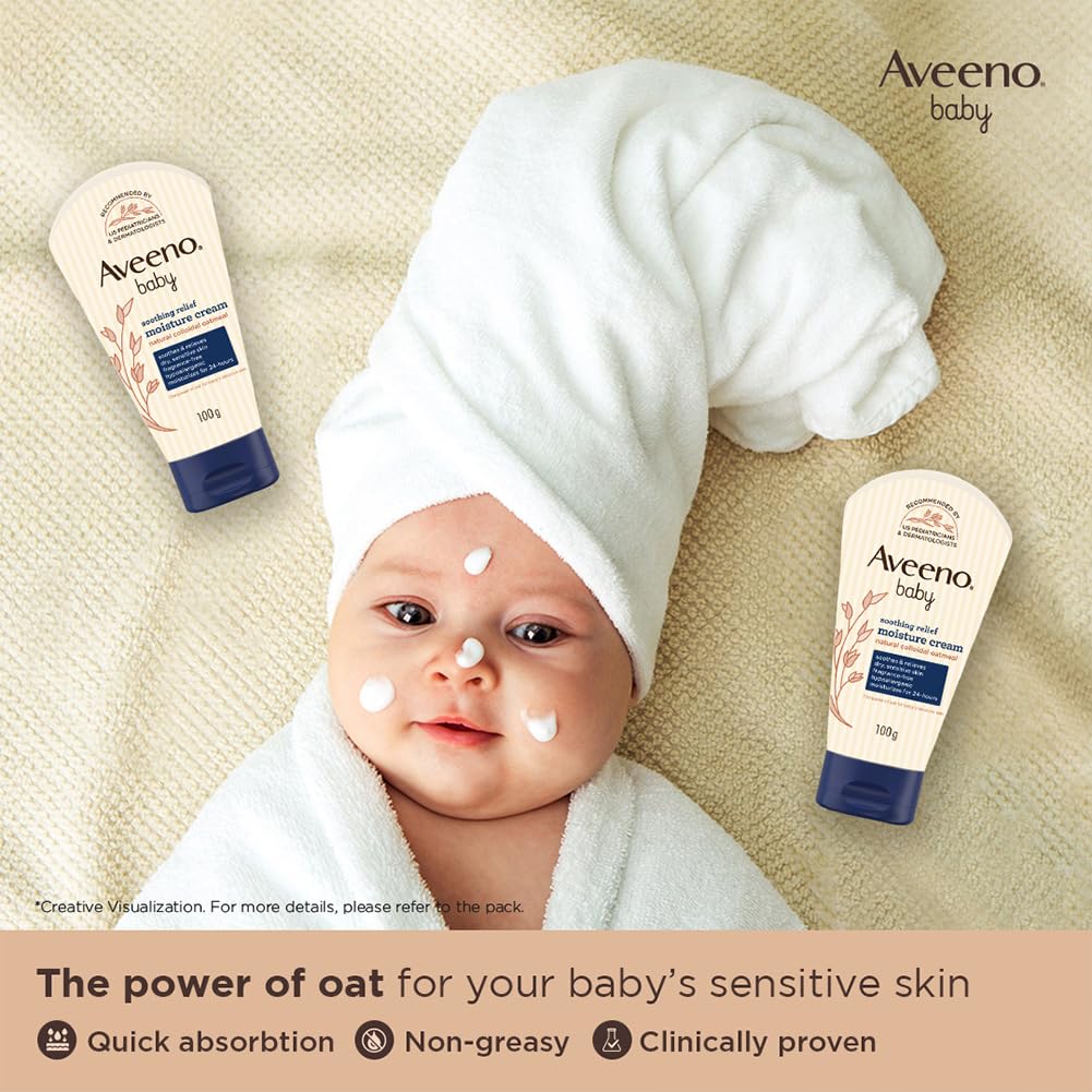 Aveeno Baby Soothing Relief Moisture Cream 100G | 24 Hr Protection for Dry, Itchy, Sensitive Skin | Clinically Proven | Active Oats|Us Pediatrician Recommended | Hypoallergenic, Fragrance-Free & Paraben-Free
