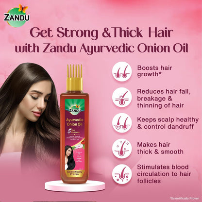Zandu Ayurvedic Onion Oil (200ml): Power of Onions for Strong & Smooth hair | 9 Herbs & 10 Natural Oils | Helps reduce Hair Thinning & Hair Breakage | Improves Hair Quality | Controls Dandruff