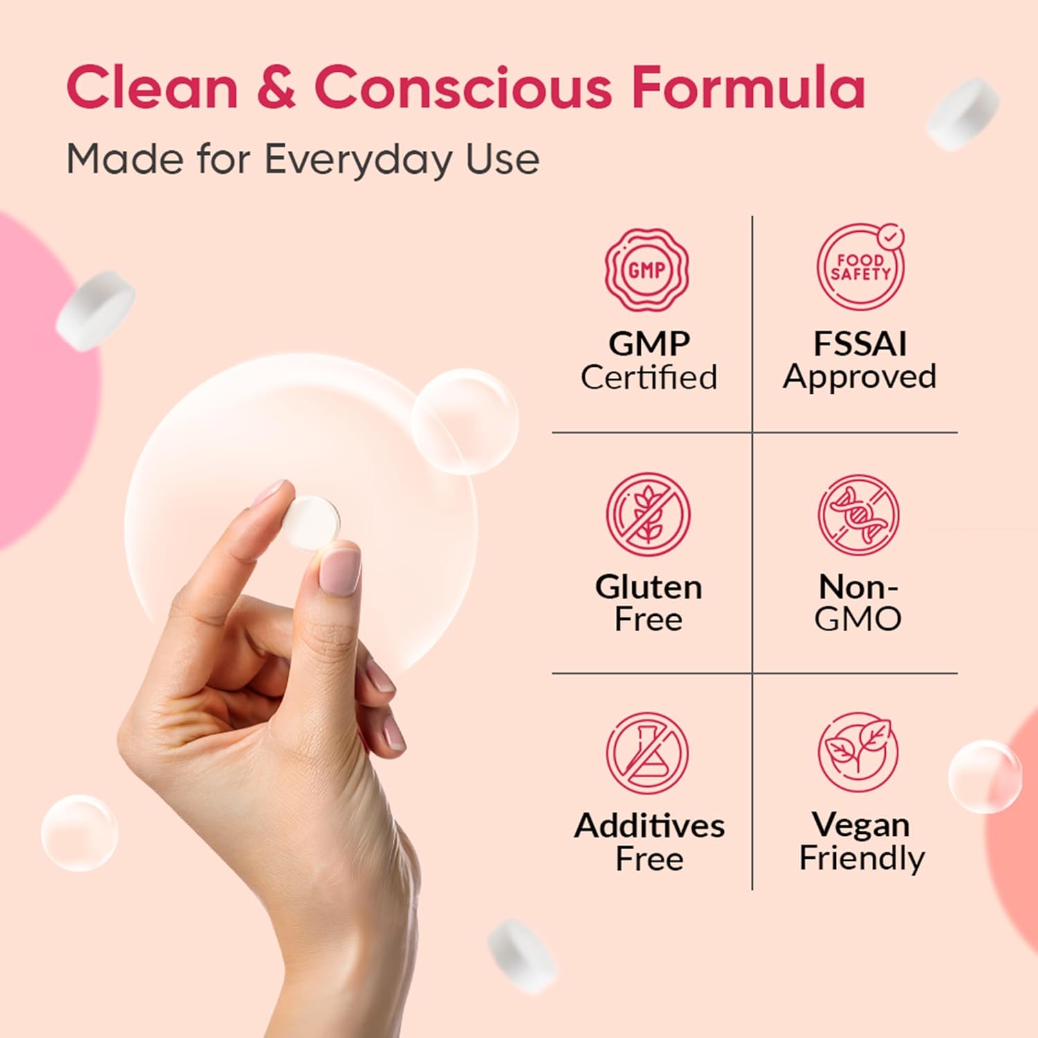 Product packaging with hand holding a round item, featuring certification logos on a pink background.