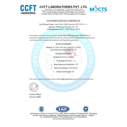 CCFT Laboratories Pvt. Ltd. sunscreen efficacy certificate on a white background