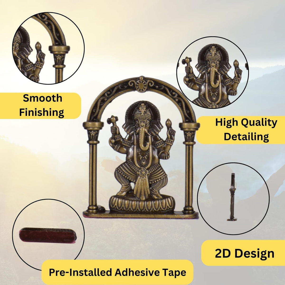 Gajanan Ganesh Ji with Artistic Frame Idol for Car Dashboard – Brass Finish Ganpati Ji Murti Spiritual Decor for Home, Car & Office (S975-BRS)