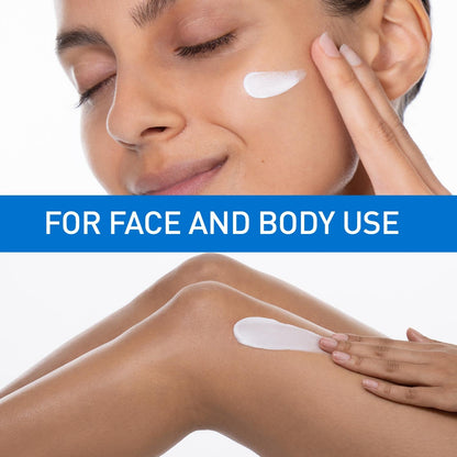 Woman applying cream to face and body with text 'FOR FACE AND BODY USE' on a blue banner.