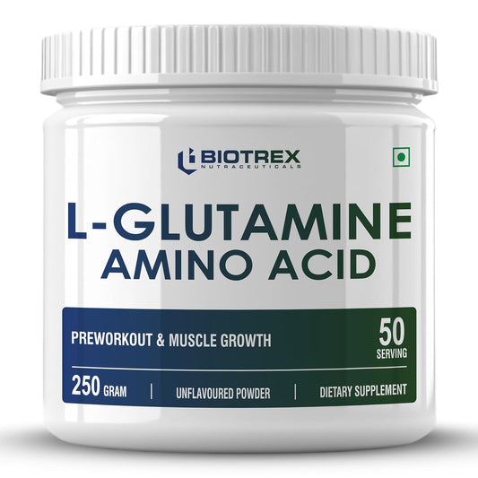 Biotrex Nutraceuticals L Glutamine Amino Acid Powder 5000mg Per Serving | Preworkout & Muscle Growth | Immune & Gut Health | Enhances Endurance | Unflavoured - 250Gram (50 Serving)