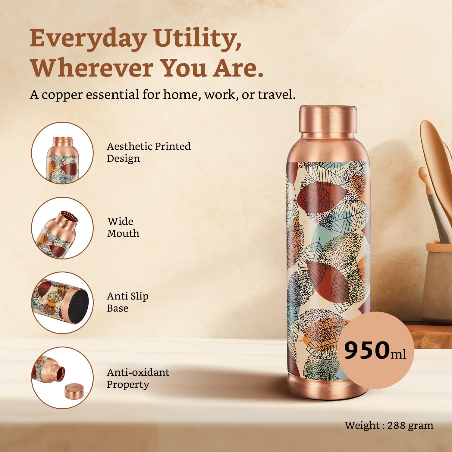 Copper water bottle with artistic design on a beige background, featuring text about its features and capacity.