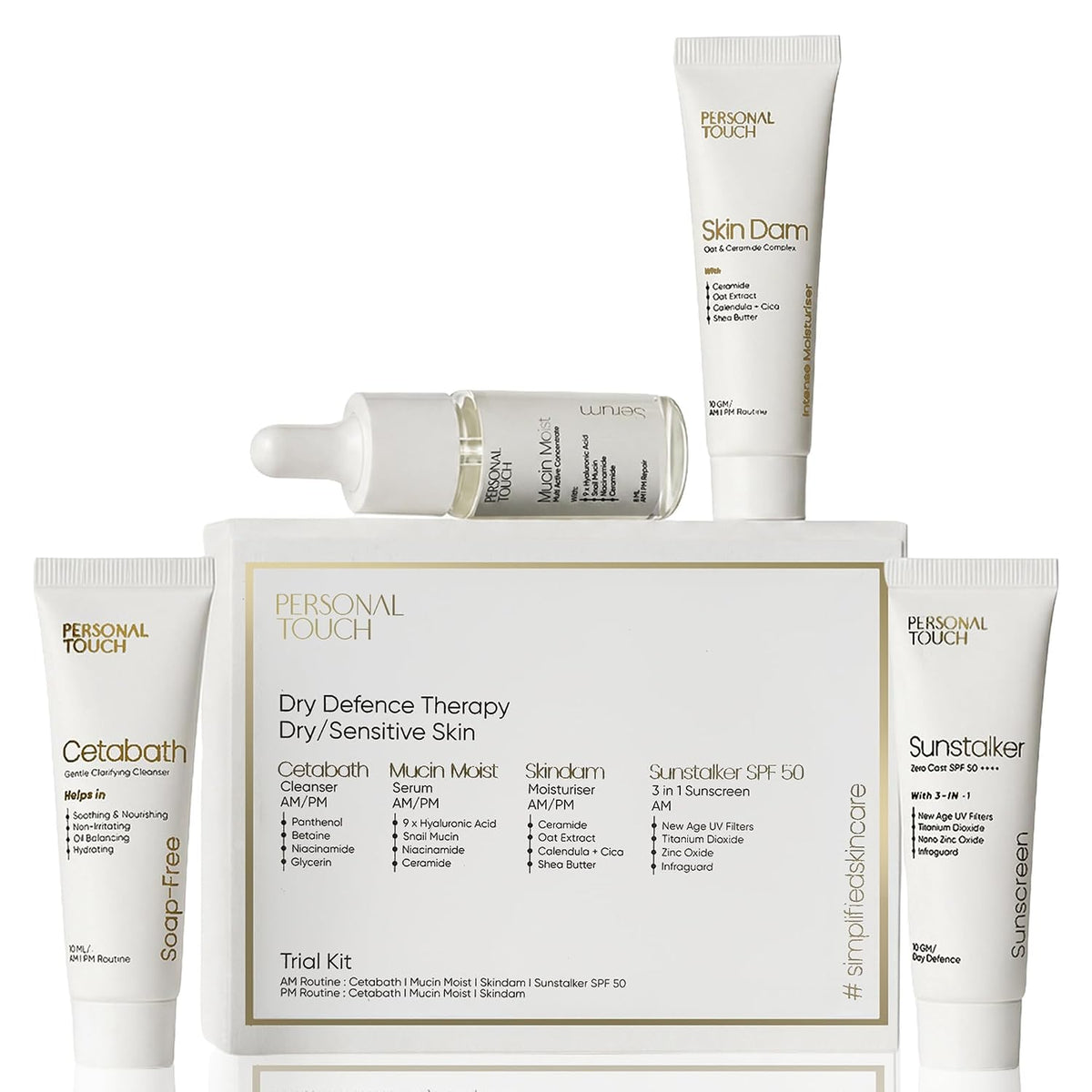 Personal Touch Complete Trial Kit – Dry Defence Therapy for Dry & Sensitive Skin | Cetabath Face Cleanser, Snail Mucin Serum, Skindam Barrier Repair Moisturizer & SPF 50 Sunscreen