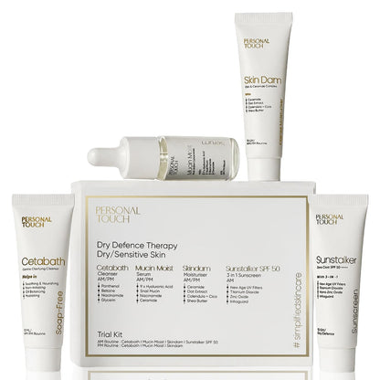 Personal Touch Complete Trial Kit – Dry Defence Therapy for Dry & Sensitive Skin | Cetabath Face Cleanser, Snail Mucin Serum, Skindam Barrier Repair Moisturizer & SPF 50 Sunscreen