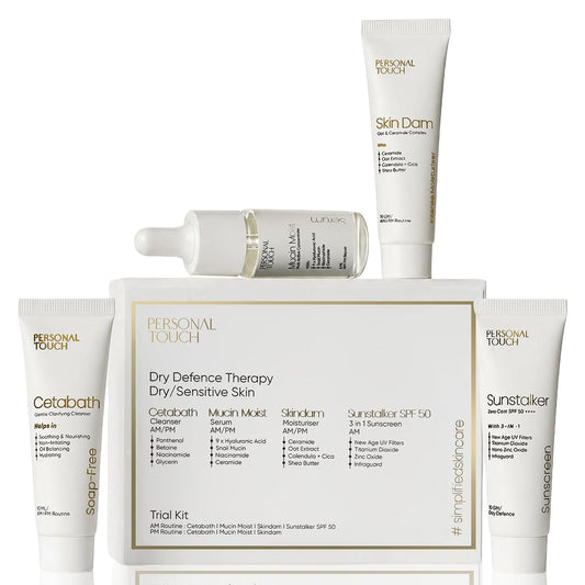 Personal Touch Complete Trial Kit – Dry Defence Therapy for Dry & Sensitive Skin | Cetabath Face Cleanser, Snail Mucin Serum, Skindam Barrier Repair Moisturizer & SPF 50 Sunscreen