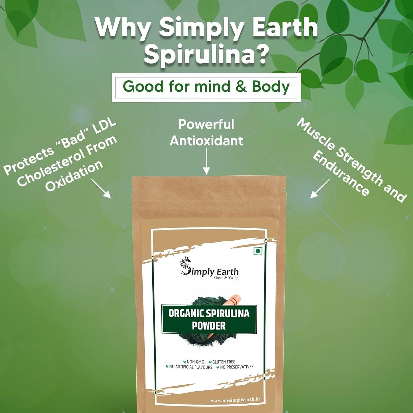 Simply Earth Organic Spirulina Powder for Energy, Digestion & Skin Health | Plant Based Protein Superfood Non-GMO | Immunity Booster, Superfood Supplement & Natural Multivitamin - 100g Veg Powder