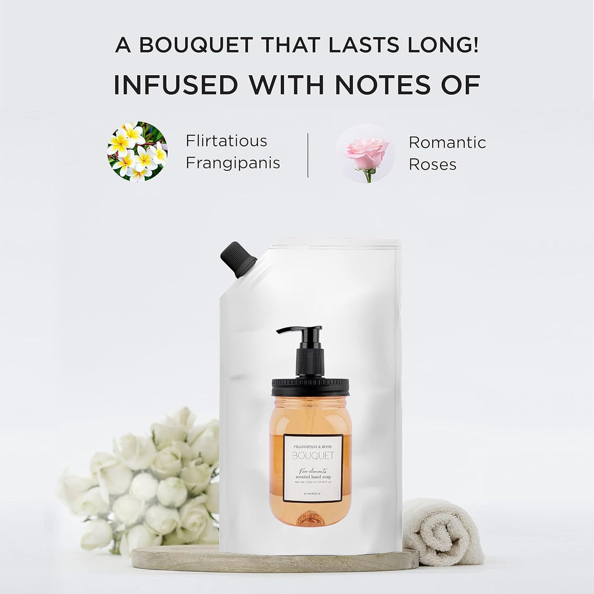 Bottle of soap with packaging and flowers on a white background