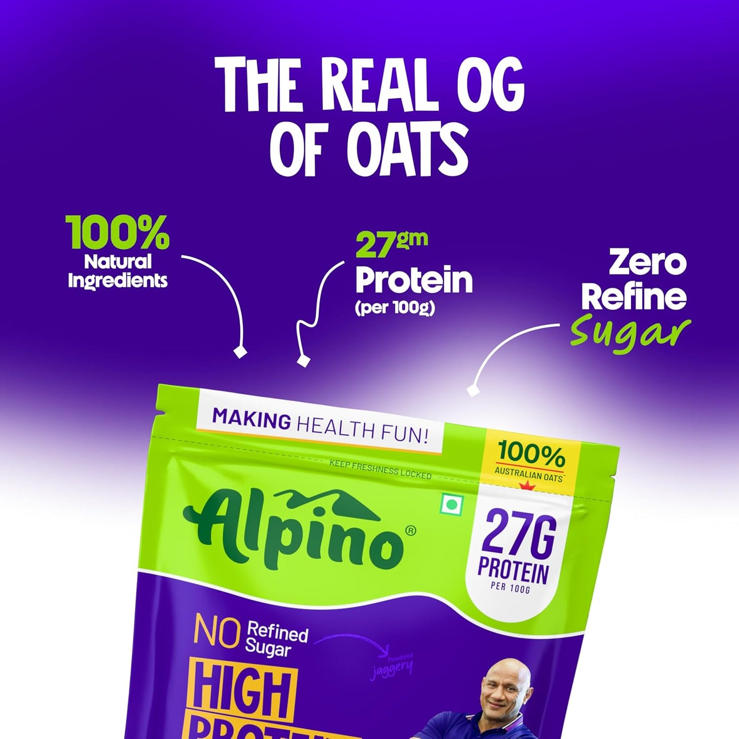ALPINO 27g High Protein Oats Dark Chocolate- Rolled Oats, Protein Blend, Jaggery Powder, Cocoa Powder, Nuts & Seeds - Source of Dietary Fibre & Healthy Fats, No Refined Sugar & Salt