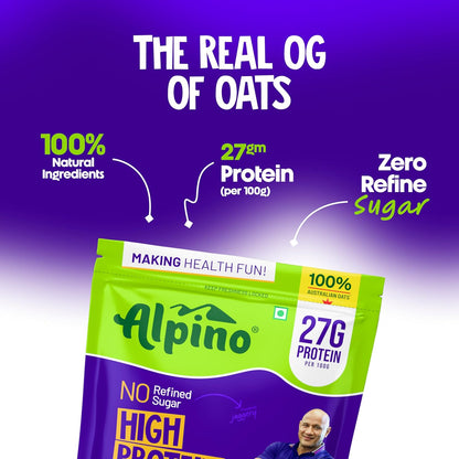 ALPINO 27g High Protein Oats Dark Chocolate- Rolled Oats, Protein Blend, Jaggery Powder, Cocoa Powder, Nuts & Seeds - Source of Dietary Fibre & Healthy Fats, No Refined Sugar & Salt