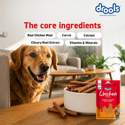 Drools Puppy & Adult Dog Treats Sticks 100g | Chicken Carrot Flavour | Rich in Protein | No Artificial Preservatives | Best for Training & Bonding | Formulated in USA | Premium Treats