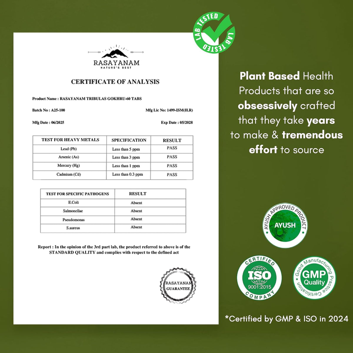 Certificate of Analysis for Rasayanam product on a green background with certification logos.