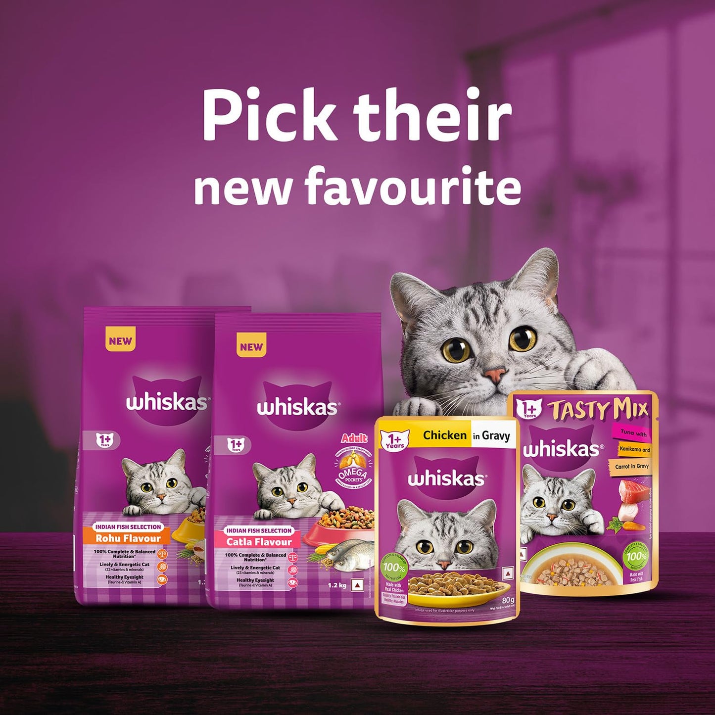 Whiskas Adult (1+ Years) Dry Cat Food, Catla Fish Flavour, 1.2 kg, Powered with 40 Essential Nutrients, Complete & Balanced Nutrition for Adult Cats