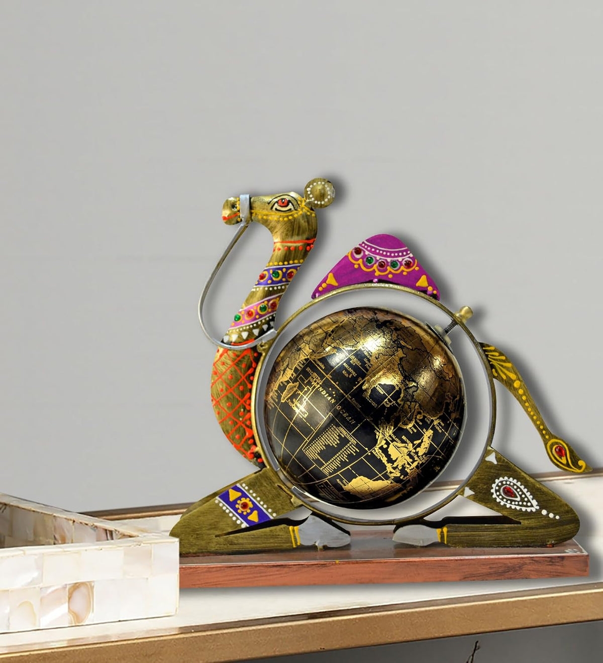 Home and Office Decorative Globe Metal Rajasthani Camel Table Top Showpiece Globe, Home House Decoration items, Decor and Gift for Living Room, Showcase, Office Desk, Interior, B'day Gift