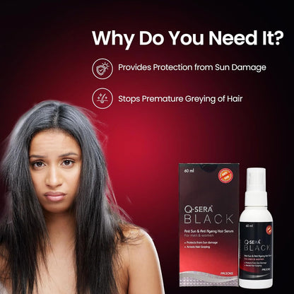 QSera Black Anti Sun And Anti-Ageing Hair Serum | For Men and Women | Repairing Damaged Hair | Protection From Sun Damage | Dermatologist Recommended | 60 ML