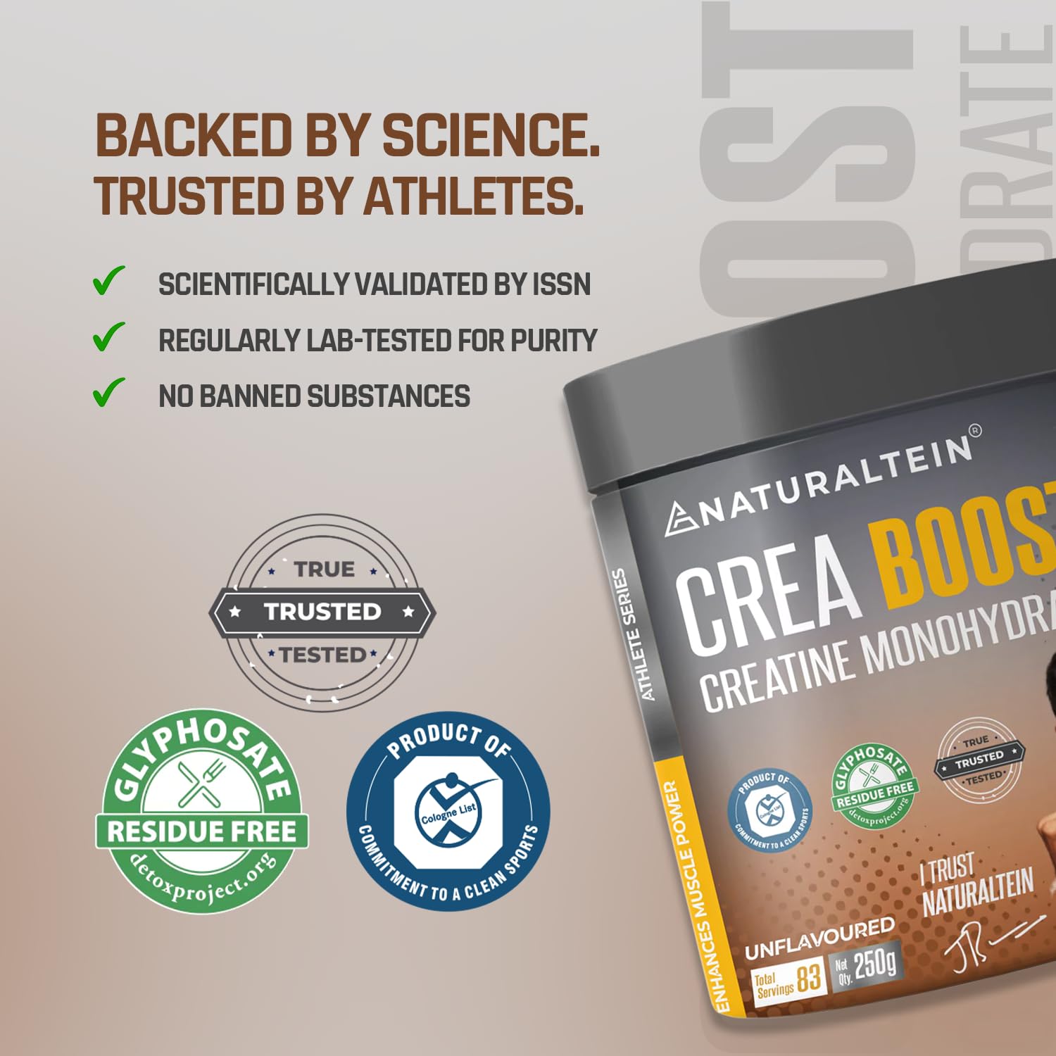 Naturaltein Crea Boost supplement container with certification logos on a beige background