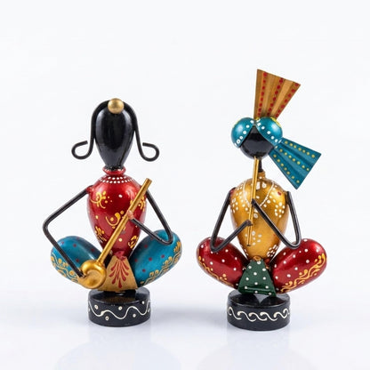Hand-Painted, Handcrafted Metal Musician Figurines Set of 2, Multicolour, 14.5 cm and 16 cm Height, | Traditional Indian Folk Art Showpiece | Decorative Tabletop & Home Décor Idol