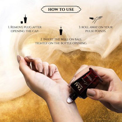 Instructions on how to use a rollerball perfume with hands applying it.