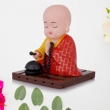 Medium Solar Powered Sitting Buddha Statue - Shaking Head Buddha Monk Statue for Car Dashboard, Home & Office Health Wealth & Prosperity, Peaceful Meditation Ornament (1Pc-Red)