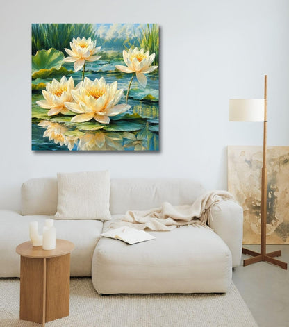 Lotus Flower Painting for Wall Vastu (15+ DESIGNS) Framed Lotus Canvas Painting for Living Room, Bedroom | Nature Floral Wall Art with Multiple Design Variations (Yellow White Lotus, 18x18 Inch, Framed)
