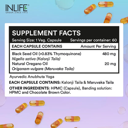 INLIFE Black Seed Oil (480 mg) & Oregano Oil (20 mg, 50:1) | Extra Virgin Cold Pressed | O Nigella, Kalonji & Maruvaka Taila | 60 Liquid Filled Veg Capsules