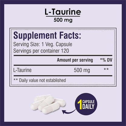 Biotrex Nutraceuticals L-Taurine 500mg Supplement, Energy, Heart, Brain & Eye Health Support, Cardiovascular system, 120 Vegetarian Capsules