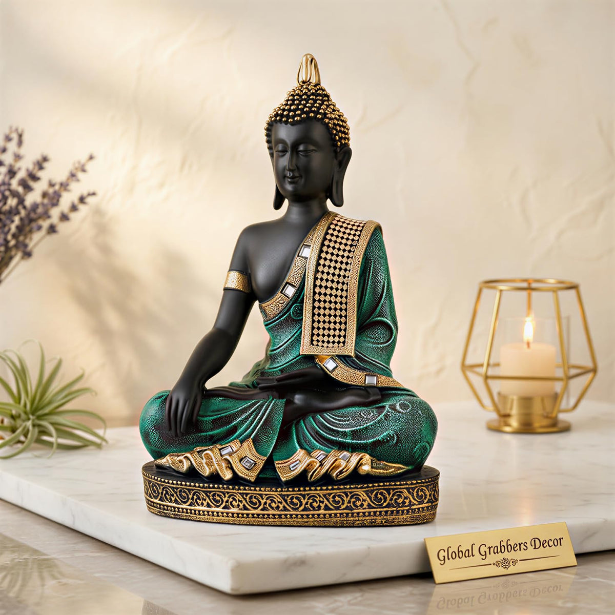 Buddha Idol Statue | Home Decoration Items for Living Room (Green Black)