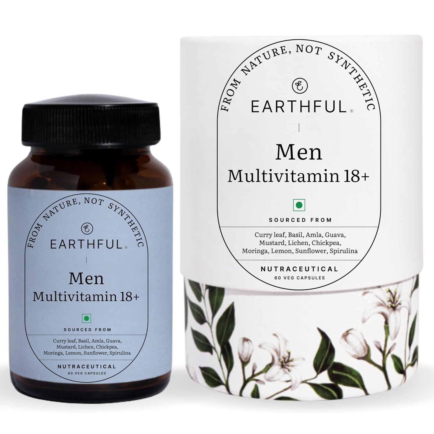 Zephivo Earthful Multivitamin for Men | 100% Plant, Non-Synthetic | With Biotin, Iron, Zinc, Vitamin A, C, D3, K2 for Immunity, Hair, Skin & Bones - 60 Capsules
