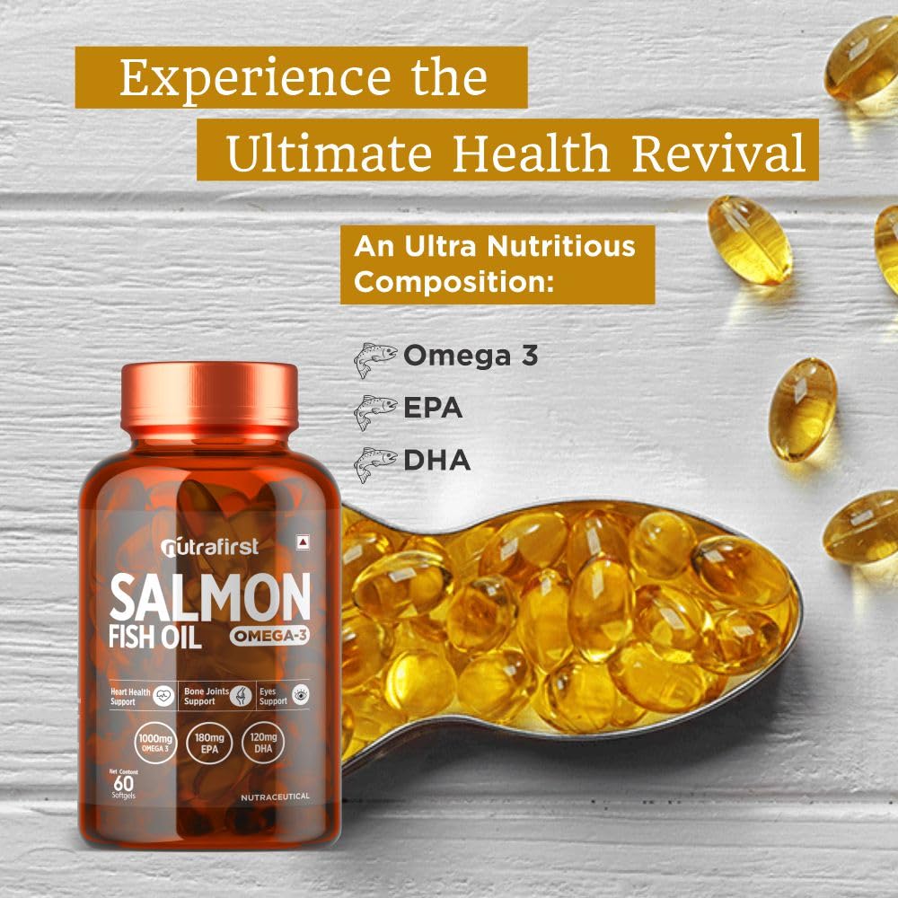 Nutrafirst Salmon Fish Oil Omega-3 Capsules (60 Softgels) (1000mg) | EPA 180mg & DHA 120mg | Supports Heart, Brain, Eye & Joint Health | No Fishy Burps | For Men & Women