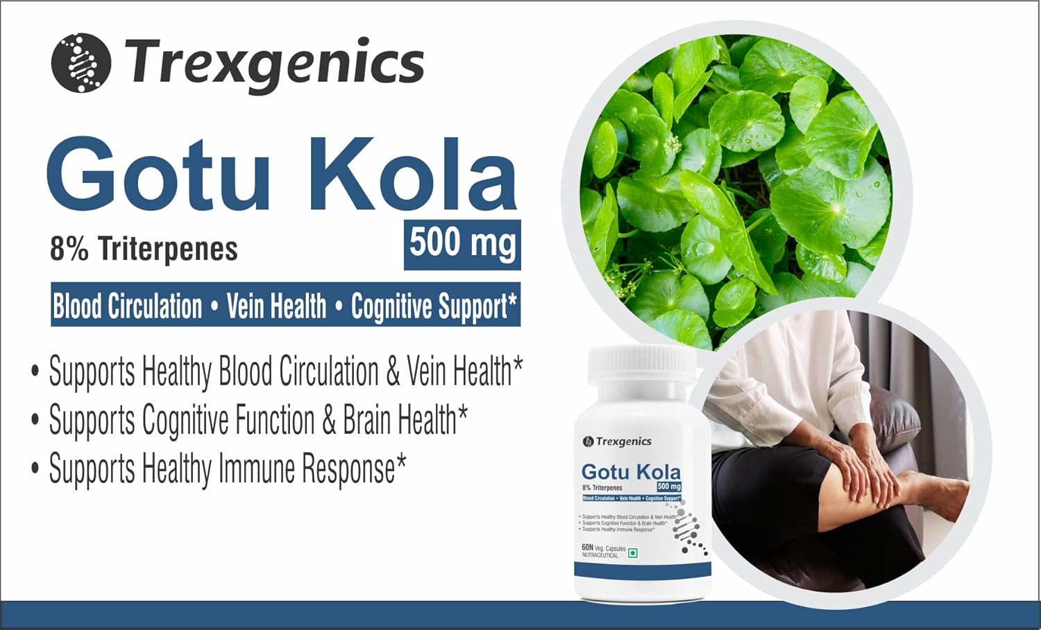 Trexgenics Gotu Kola supplement bottle with green leaf inset and person using a device on leg.