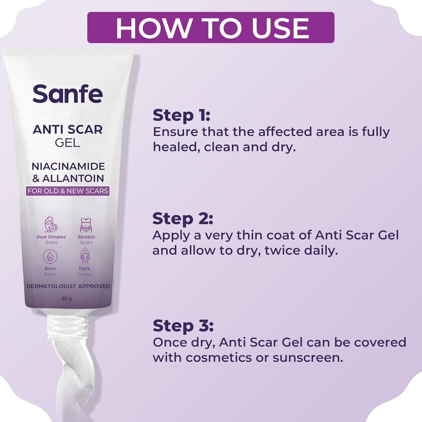Sanfe Anti Scar Gel - Niacinamide & Allantoin | Acne/Stretch/Burn scars/Dark circles removal cream | For old & new scars-20 g