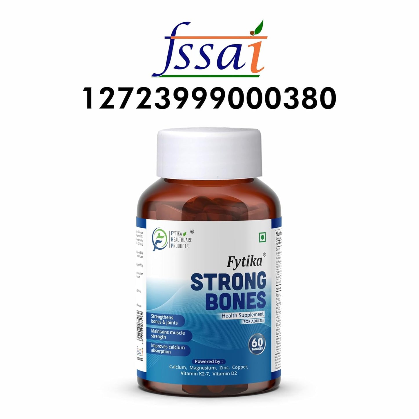 Fytika Strong Bones supplement bottle with FSSAI logo and contact number on a white background