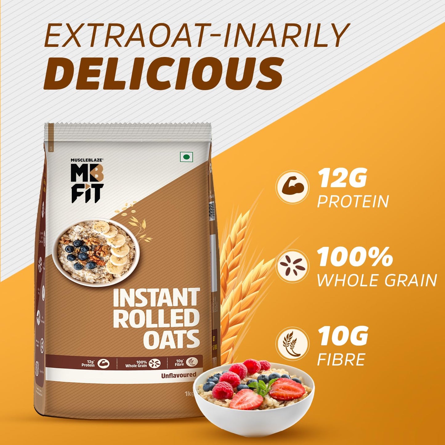 MuscleBlaze Fit Instant Oats (Unflavoured, 1kg) | 12g Protein | 100% Rolled Oats, Breakfast Cereals for Weight Management