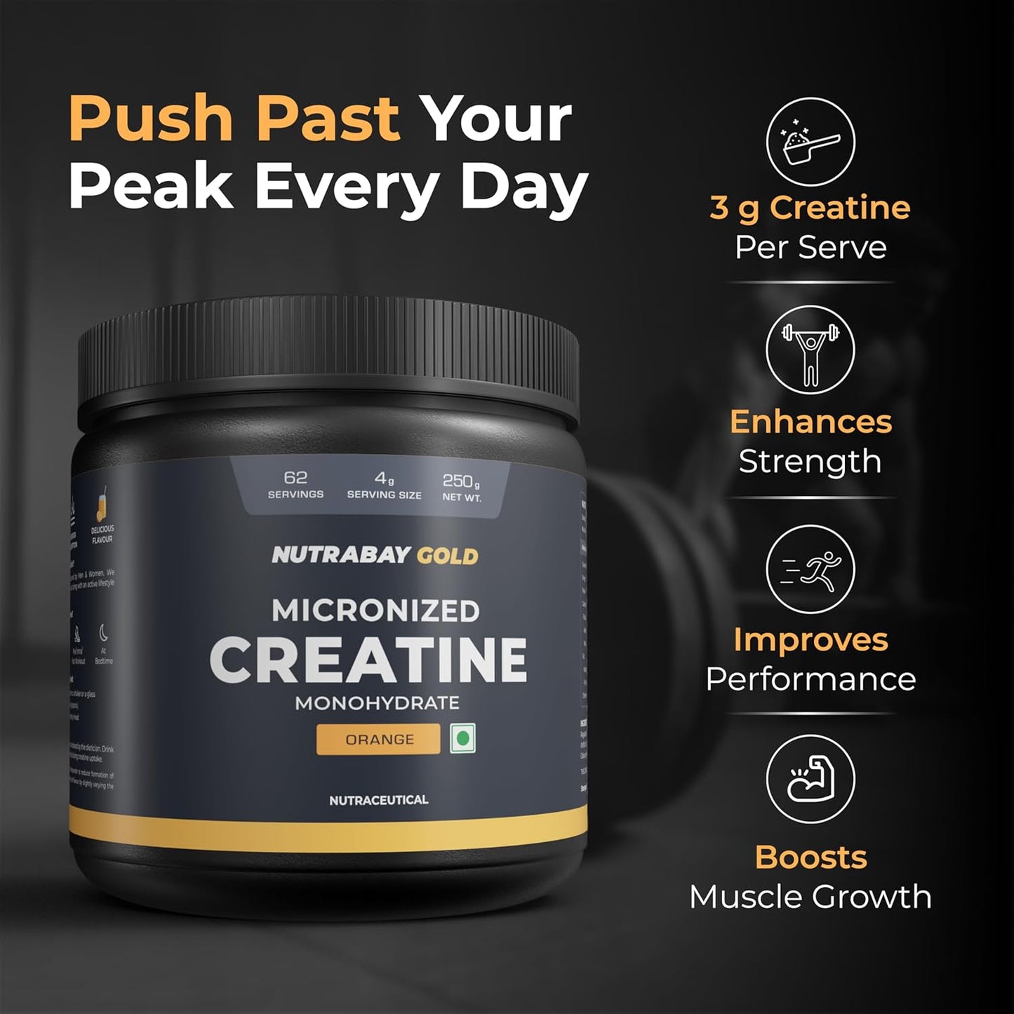 Nutrabay Gold Micronised Creatine Monohydrate Powder 3000 mg Creatine per Serving, NABL Lab Tested – Increases Muscle Mass, Strength & Power – Pre/Post Workout Supplement – 250 g, Orange