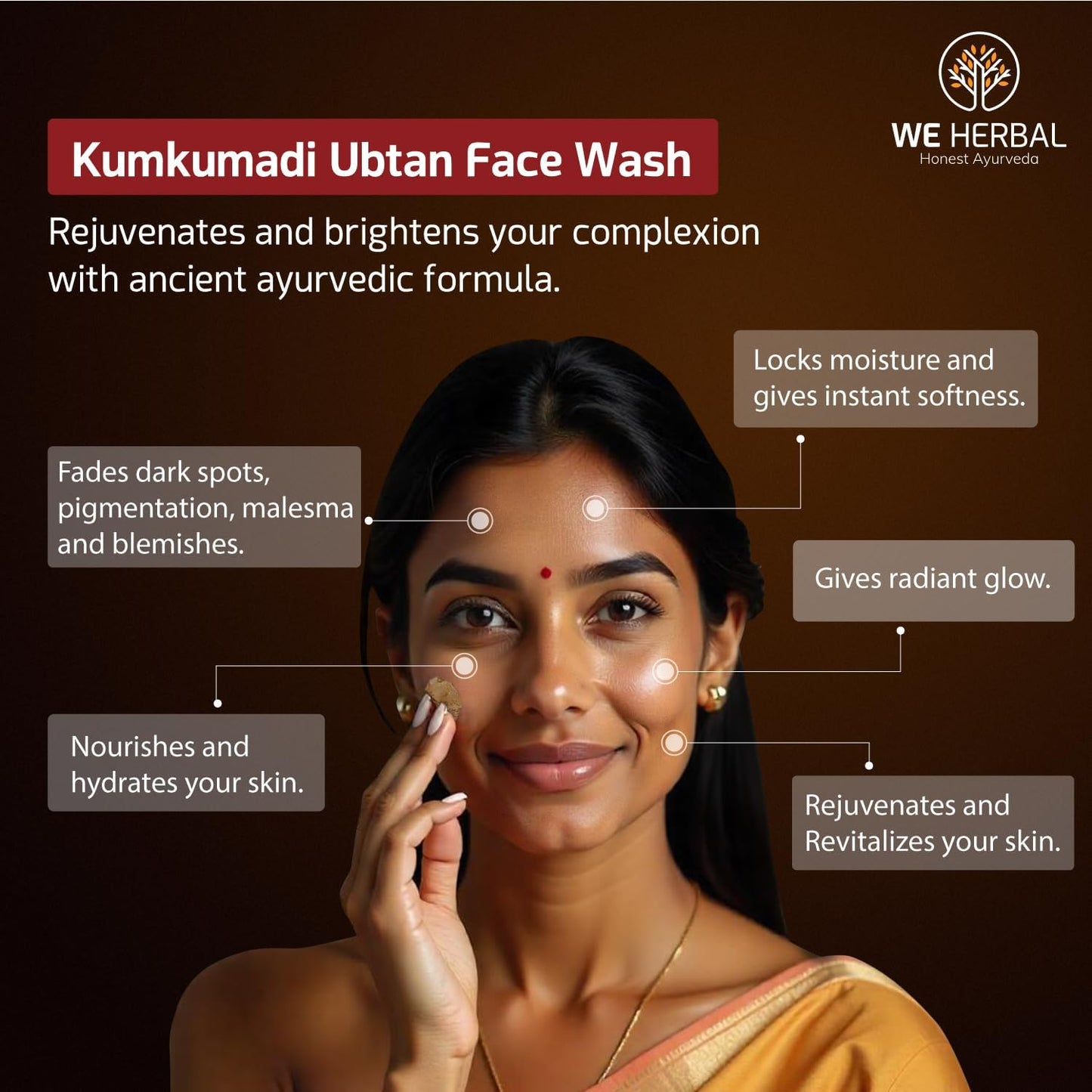 WE HERBAL Kumkumadi Ubtan Face Wash for Glowing Skin 100g, Ayurvedic Brightening Cleanser with Saffron, Turmeric and Dead Sea Mud, Reduce Dark Spots Remove Tan and Provide 72 Hour Hydration, No Artificial Colour, No Fragrance