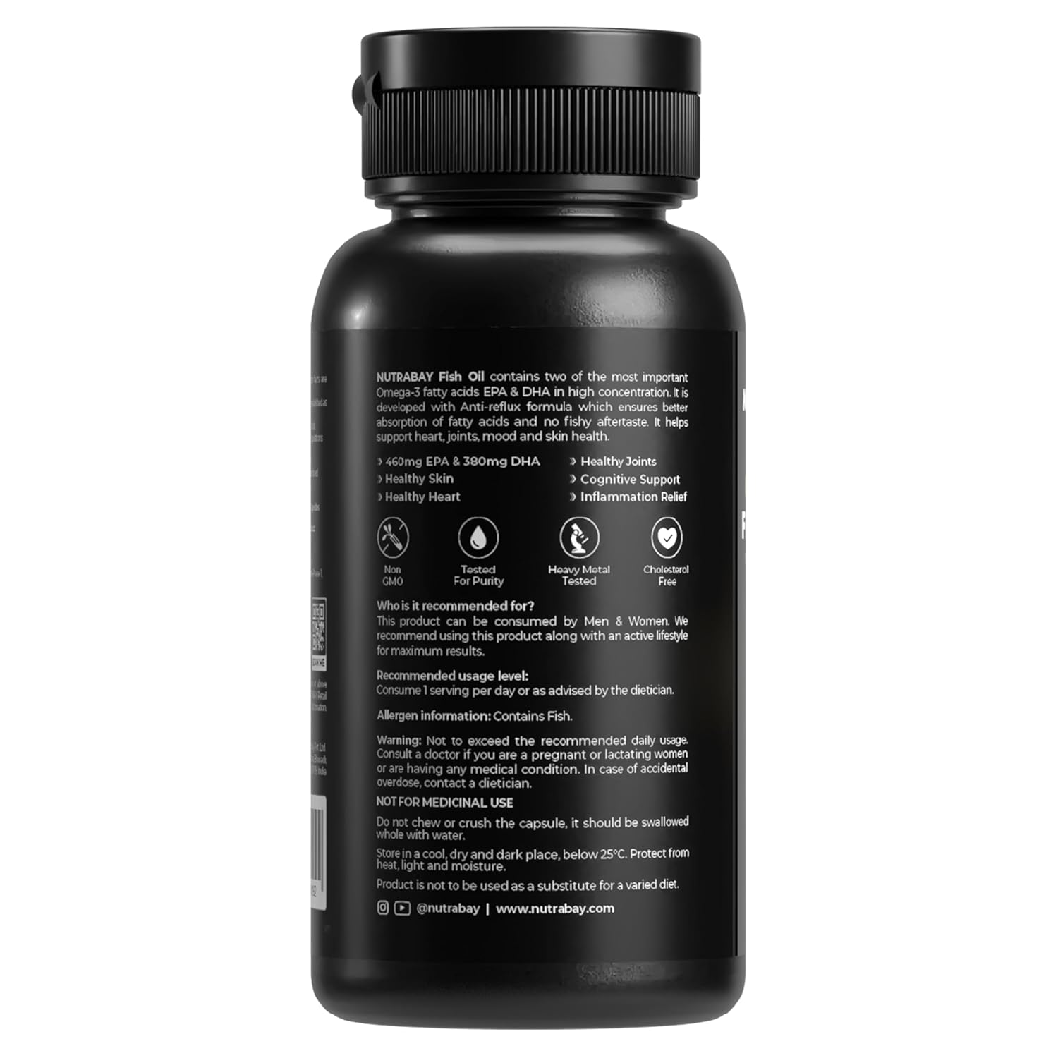 Black supplement bottle with text on a white background