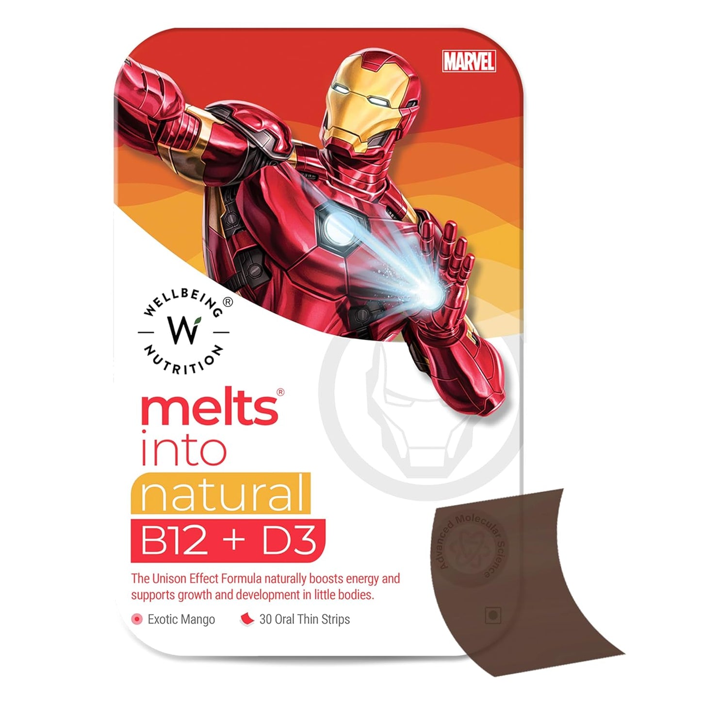 Wellbeing Nutrition Marvel Iron Man Melts | Vitamin B12, D3 & K2 for Kids (6+) | Supports Bone & Muscle Health, Cognitive Development & Energy, Heart Health | Exotic Mango Flavor (30 Oral Strips)