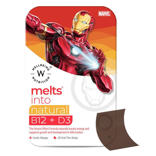 Wellbeing Nutrition Marvel Iron Man Melts | Vitamin B12, D3 & K2 for Kids (6+) | Supports Bone & Muscle Health, Cognitive Development & Energy, Heart Health | Exotic Mango Flavor (30 Oral Strips)